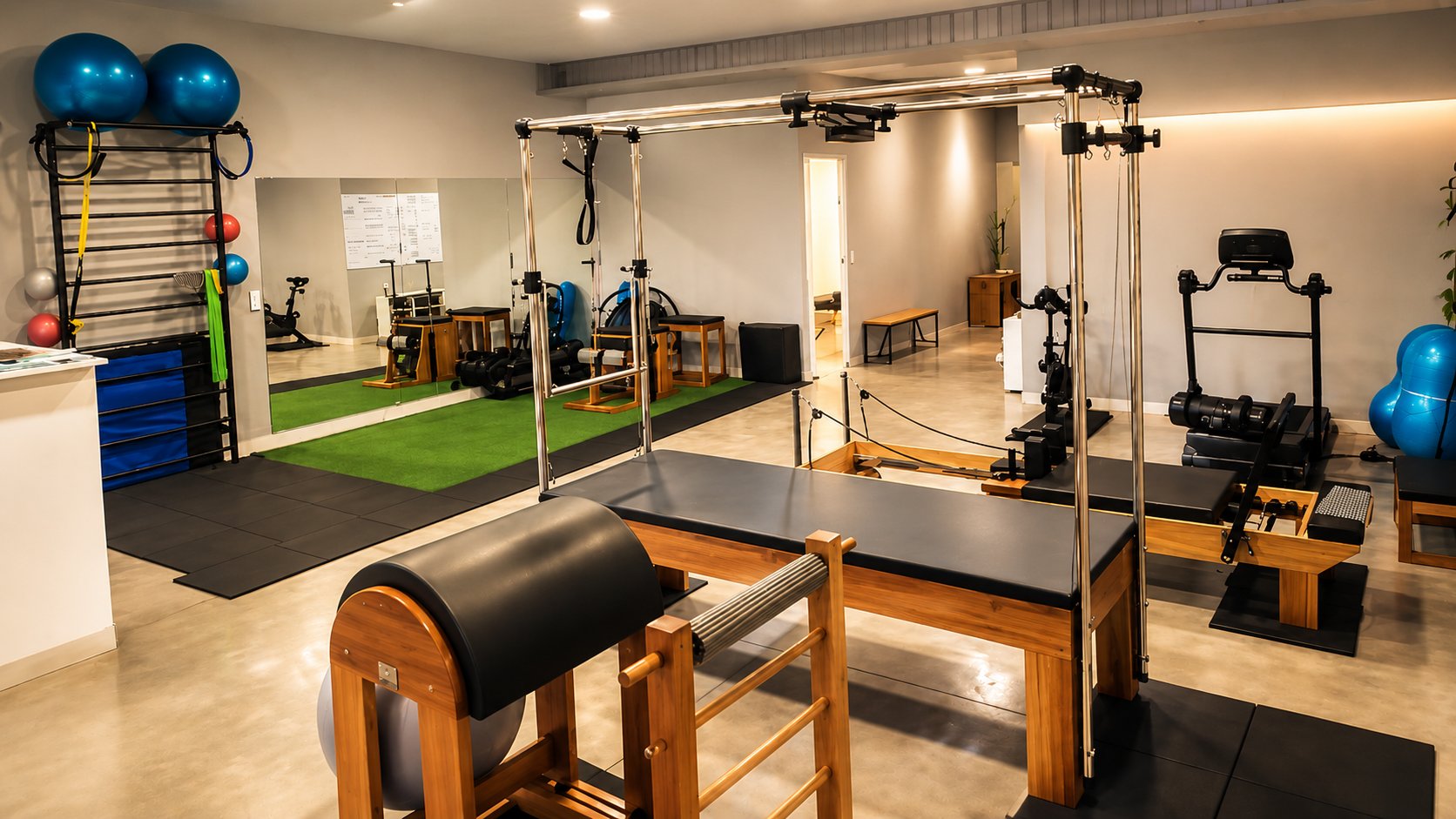 Estúdio de Pilates Clínico da CentroFisio, com equipamentos de reformer, cadillac e espaço de treino funcional